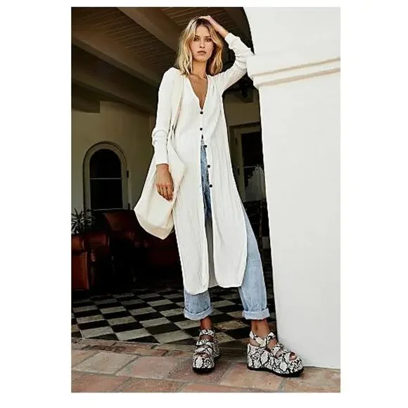Free People Skinny Mini Midi White Ribbed Long Duster Size Medium - Picture 1 of 7
